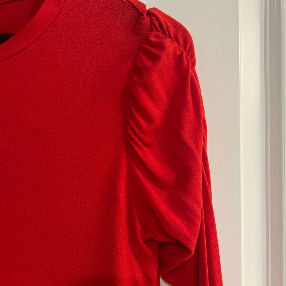 Bobeau Red Ruched Puff Sleeve Crew Neck Stretch Knit Tee Blouse Top Women Size S - Picture 3 of 5
